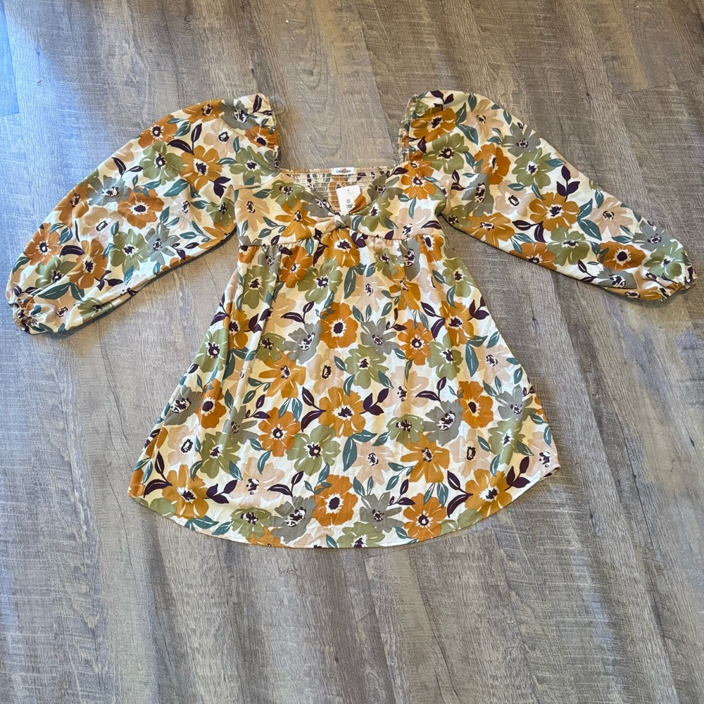 GeeGee All Time Floral Puff Sleeve Babydoll Dress Size LG Boho Fall Style